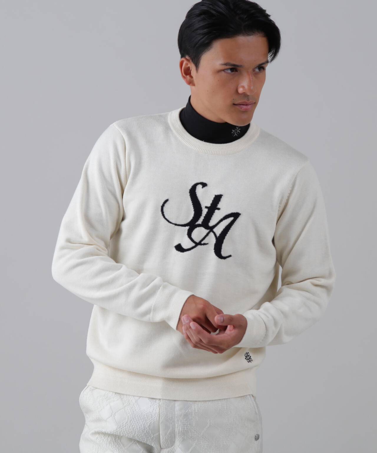 12GSTAインターシャクルーネックニットプルオーバー (MENS)