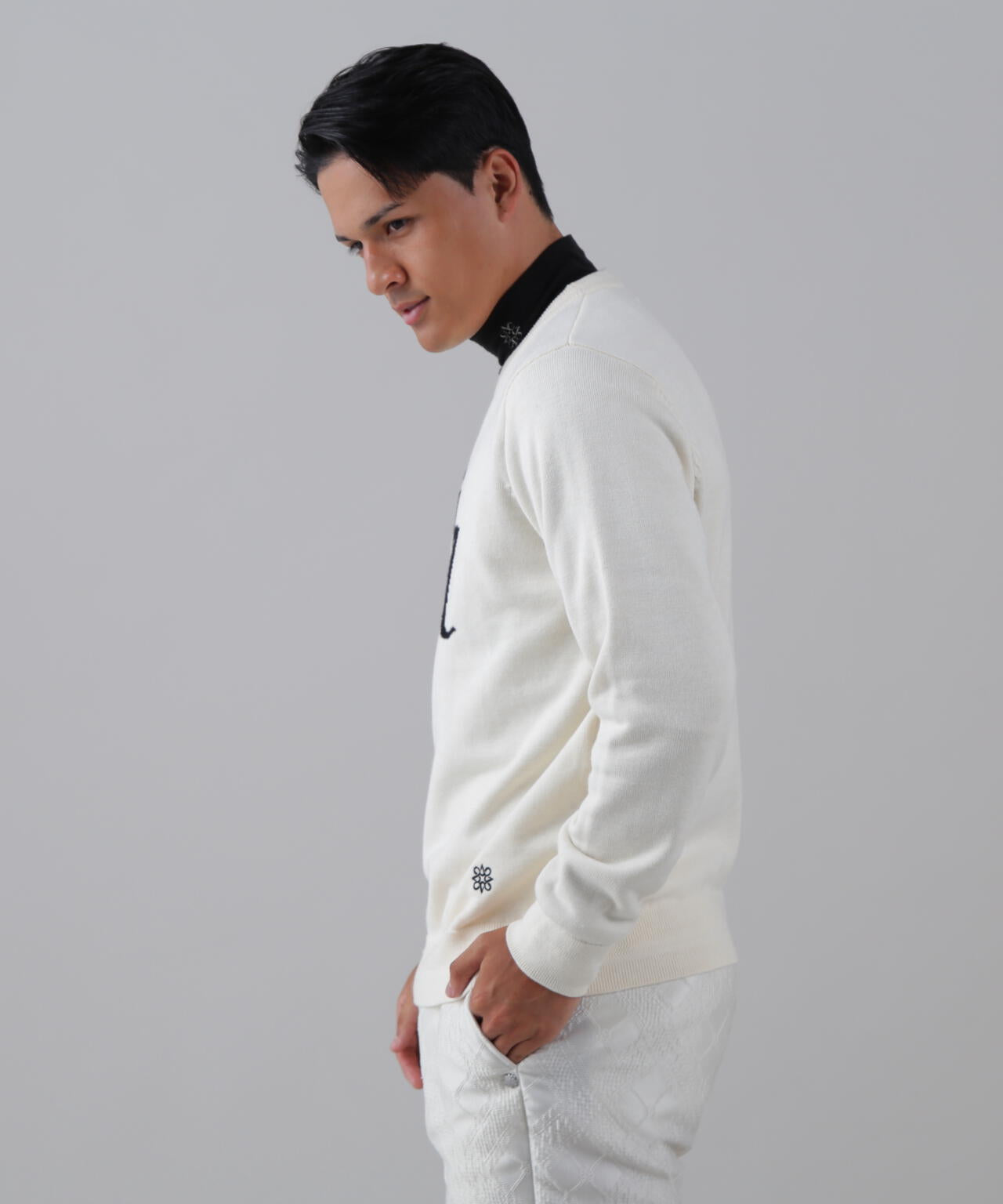 12GSTAインターシャクルーネックニットプルオーバー (MENS)