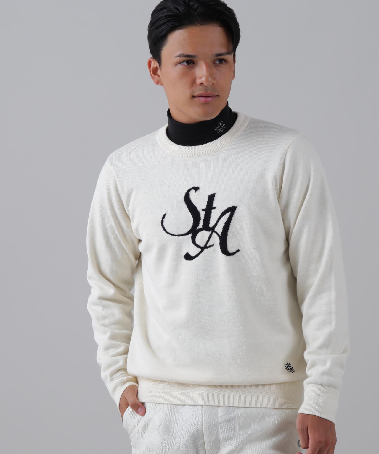 12GSTAインターシャクルーネックニットプルオーバー (MENS)