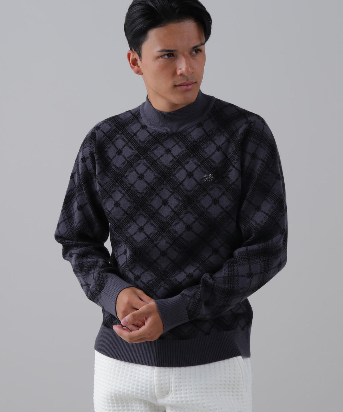 12Gケルトバイヤスチェックジャガードモックネックニットプルオーバー (MENS)