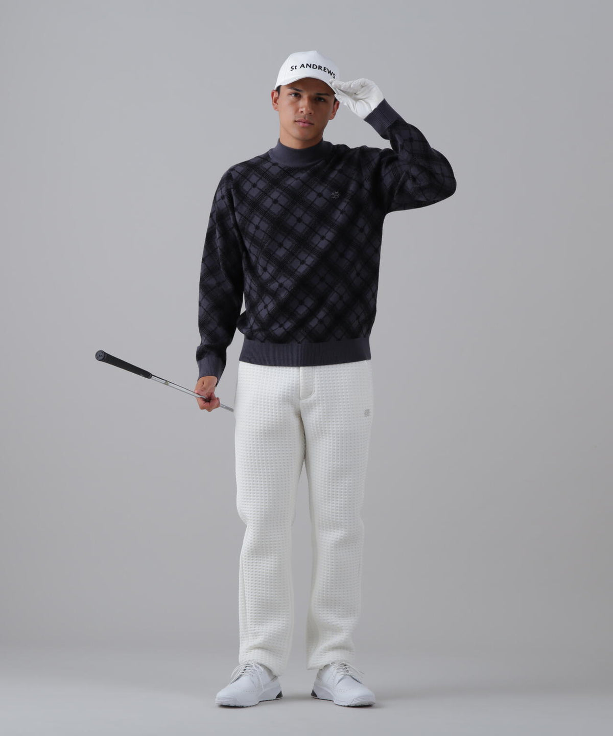 12Gケルトバイヤスチェックジャガードモックネックニットプルオーバー (MENS)