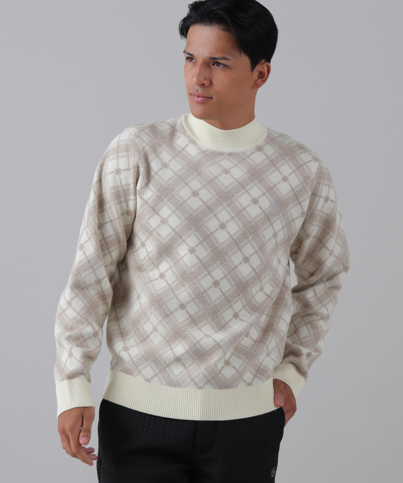 12Gケルトバイヤスチェックジャガードモックネックニットプルオーバー (MENS)