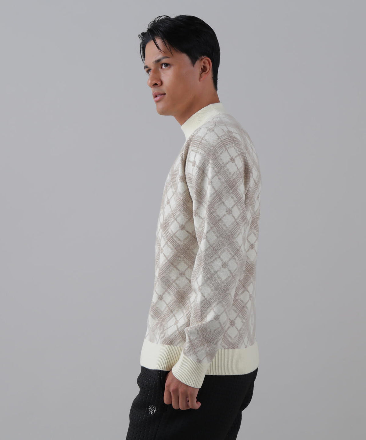 12Gケルトバイヤスチェックジャガードモックネックニットプルオーバー (MENS)