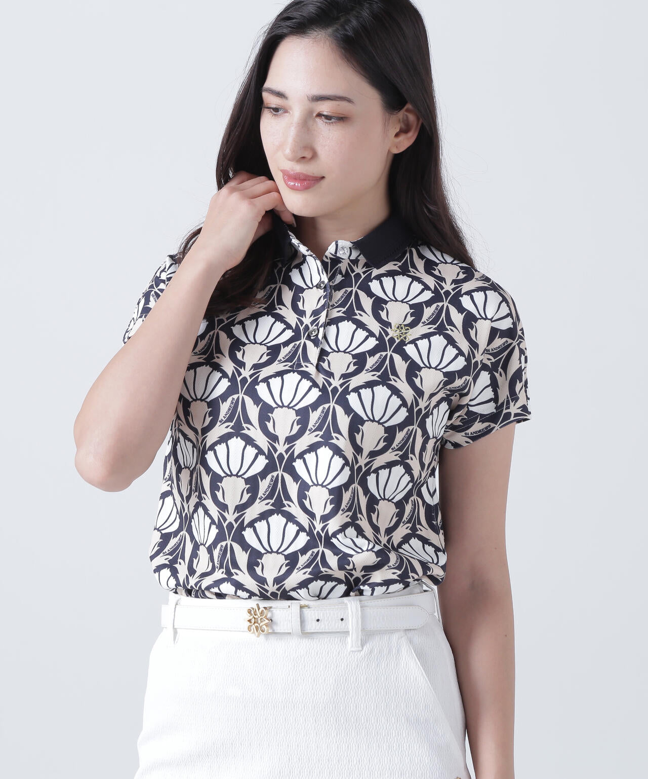 カノコサッカーストライプアザミ柄半袖ポロシャツ (WOMENS)