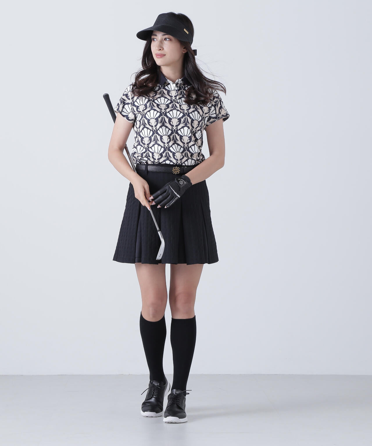 カノコサッカーストライプアザミ柄半袖ポロシャツ (WOMENS)