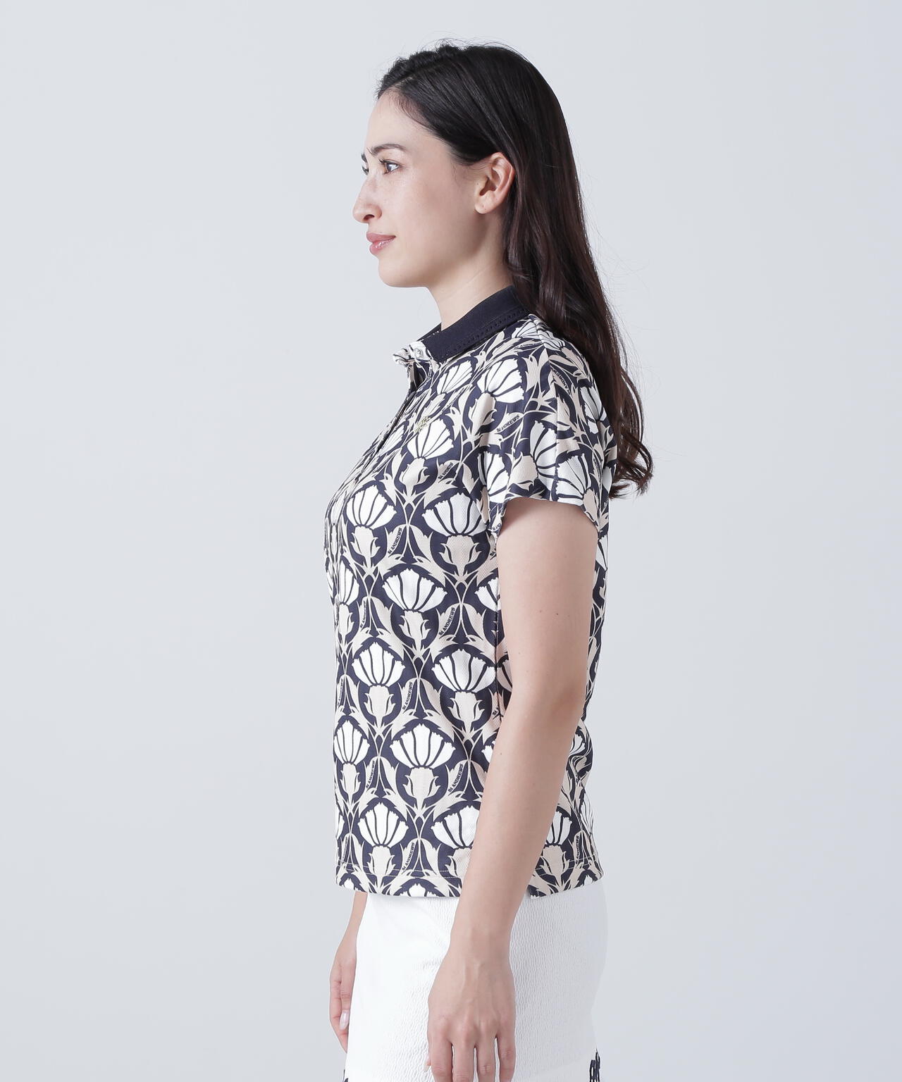 カノコサッカーストライプアザミ柄半袖ポロシャツ (WOMENS)