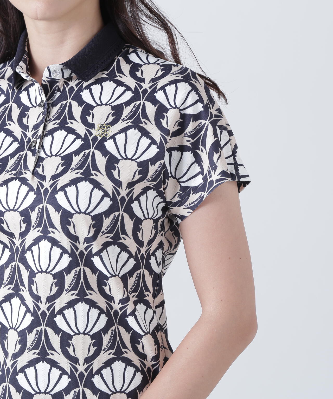 カノコサッカーストライプアザミ柄半袖ポロシャツ (WOMENS)