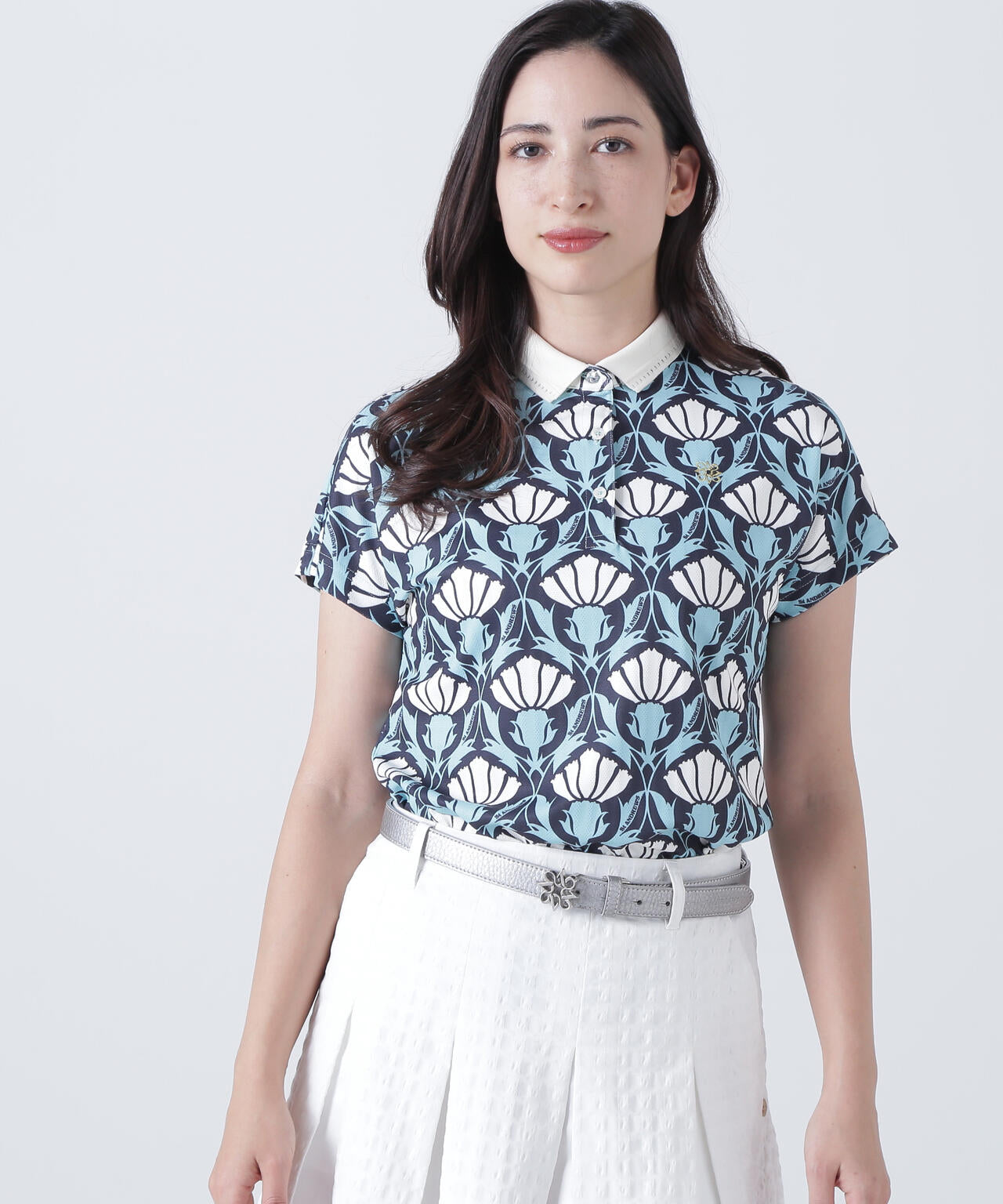 カノコサッカーストライプアザミ柄半袖ポロシャツ (WOMENS)