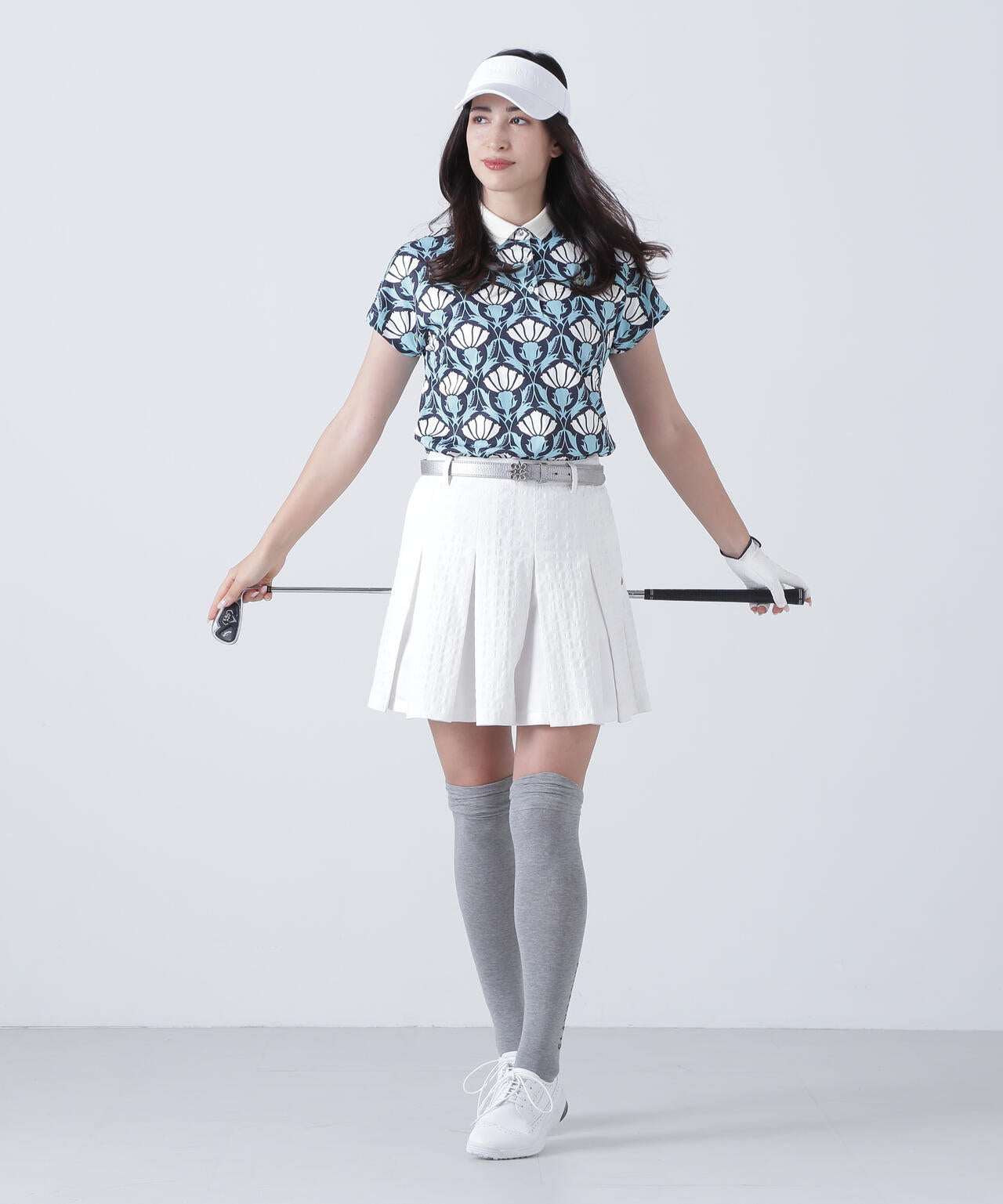 カノコサッカーストライプアザミ柄半袖ポロシャツ (WOMENS)