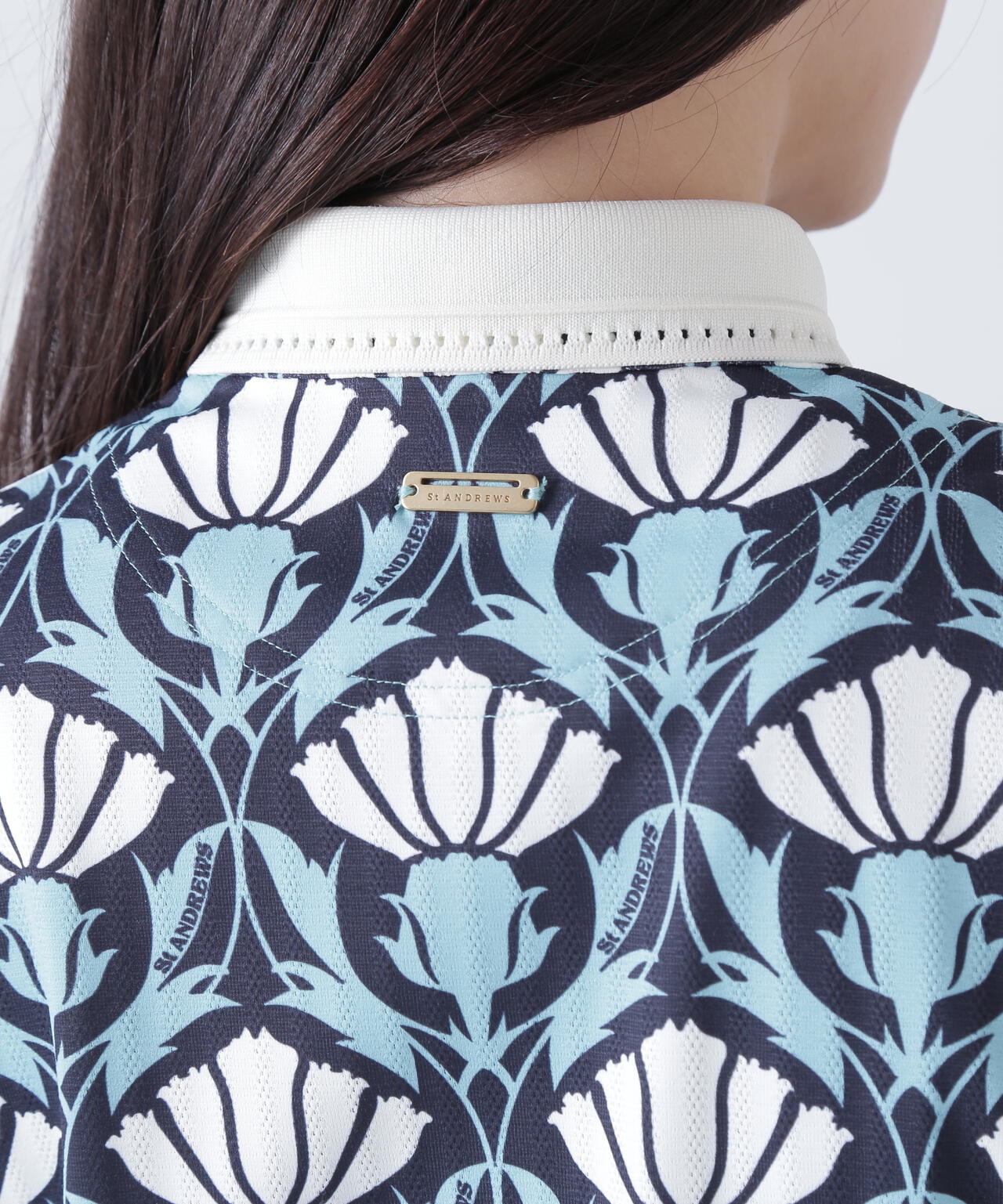 カノコサッカーストライプアザミ柄半袖ポロシャツ (WOMENS)