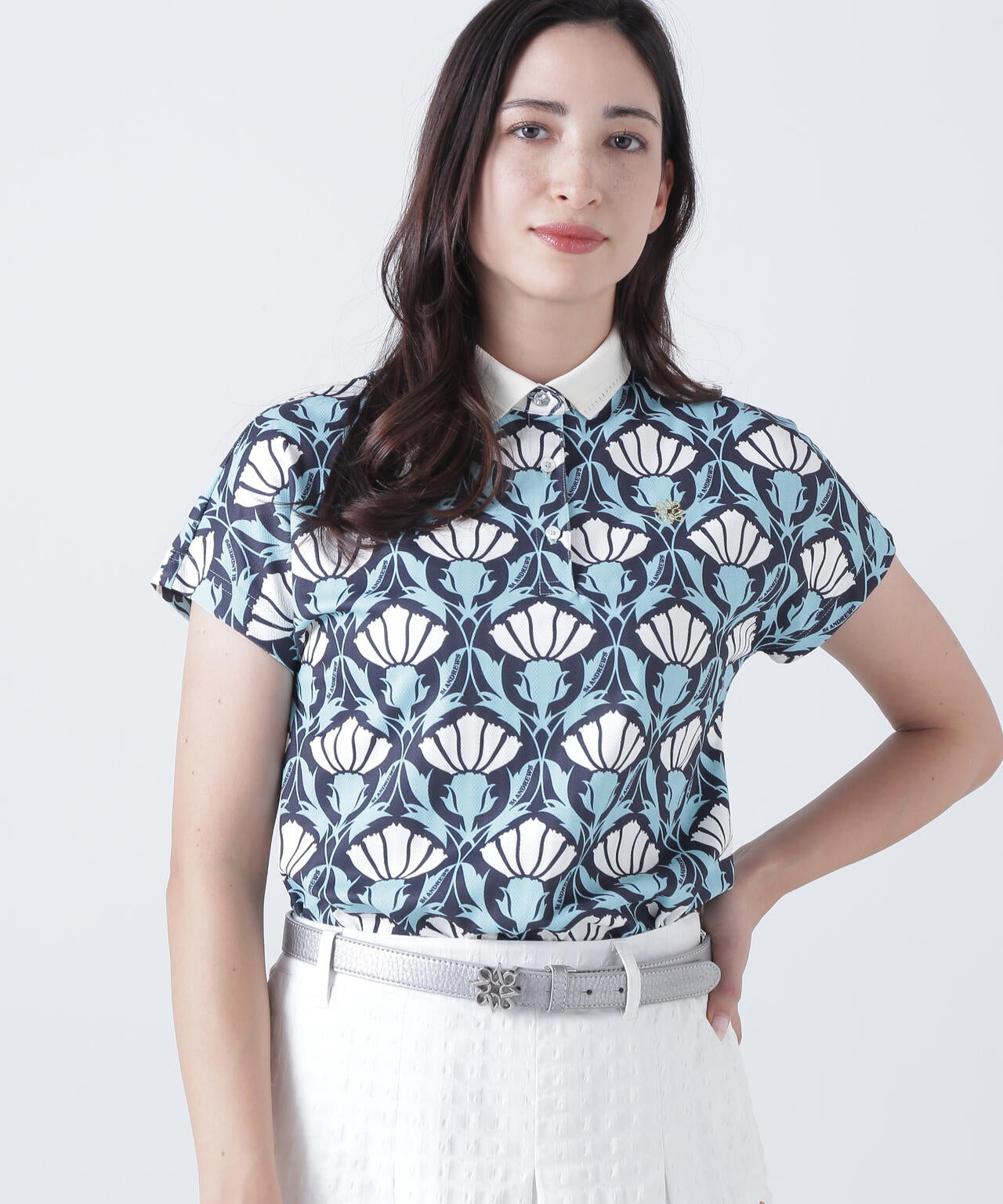 カノコサッカーストライプアザミ柄半袖ポロシャツ (WOMENS)