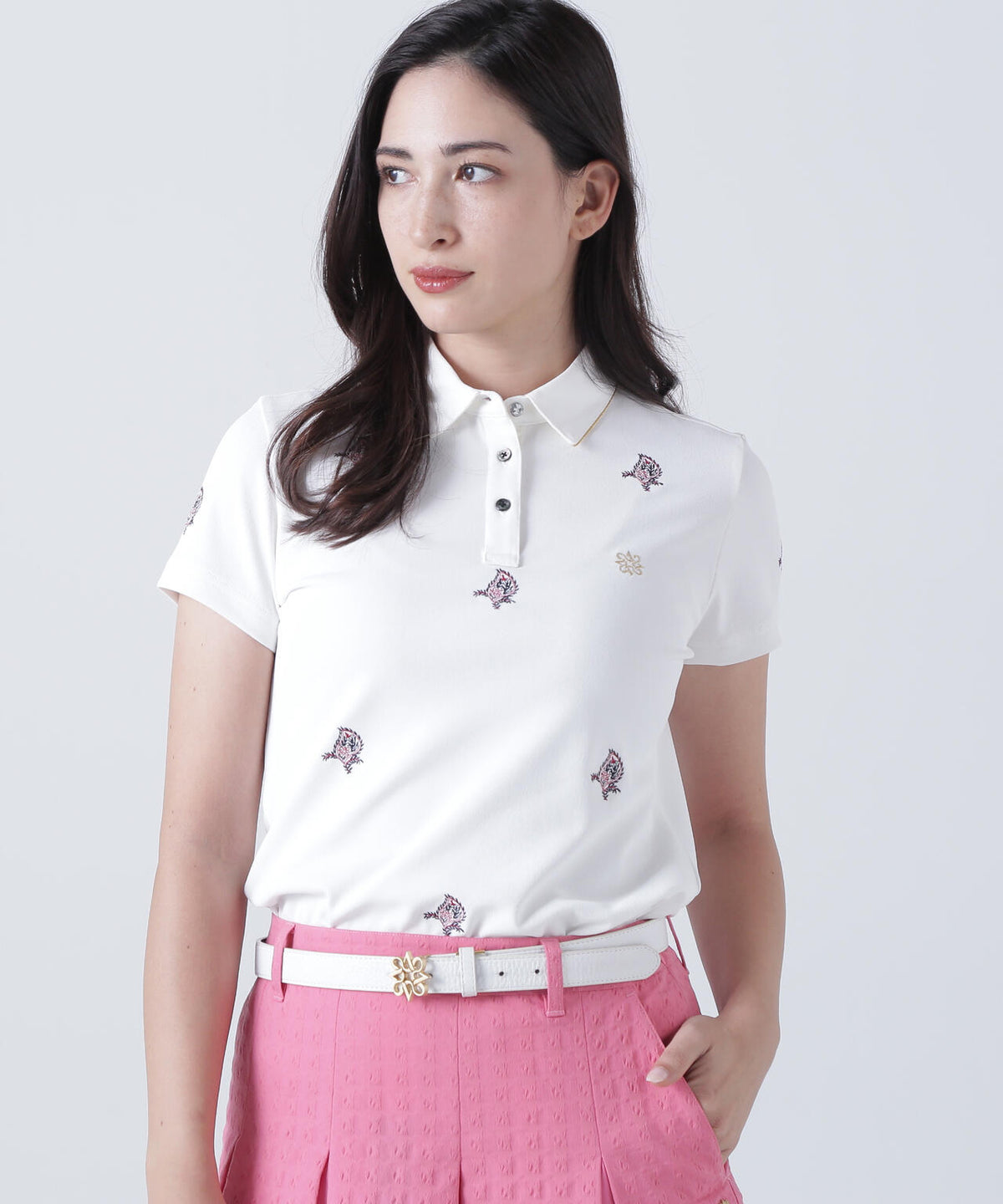 ポリエステル強撚鹿の子リーフ柄刺繍半袖シャツ (WOMENS)