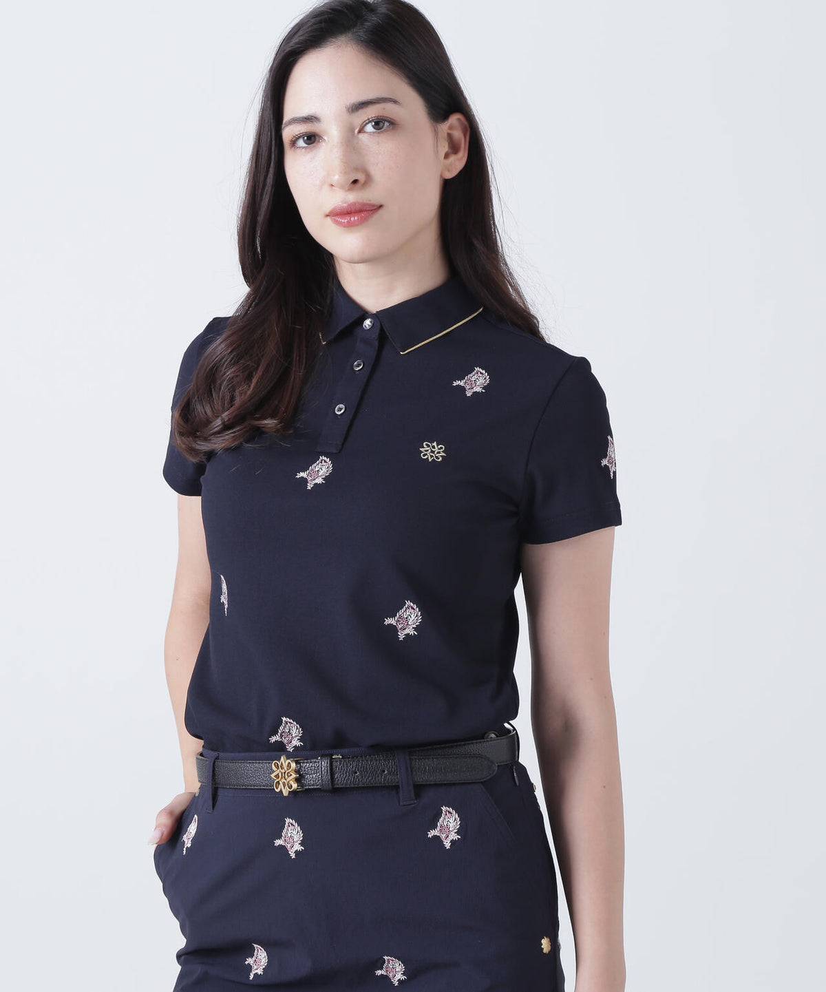 ポリエステル強撚鹿の子リーフ柄刺繍半袖シャツ (WOMENS)