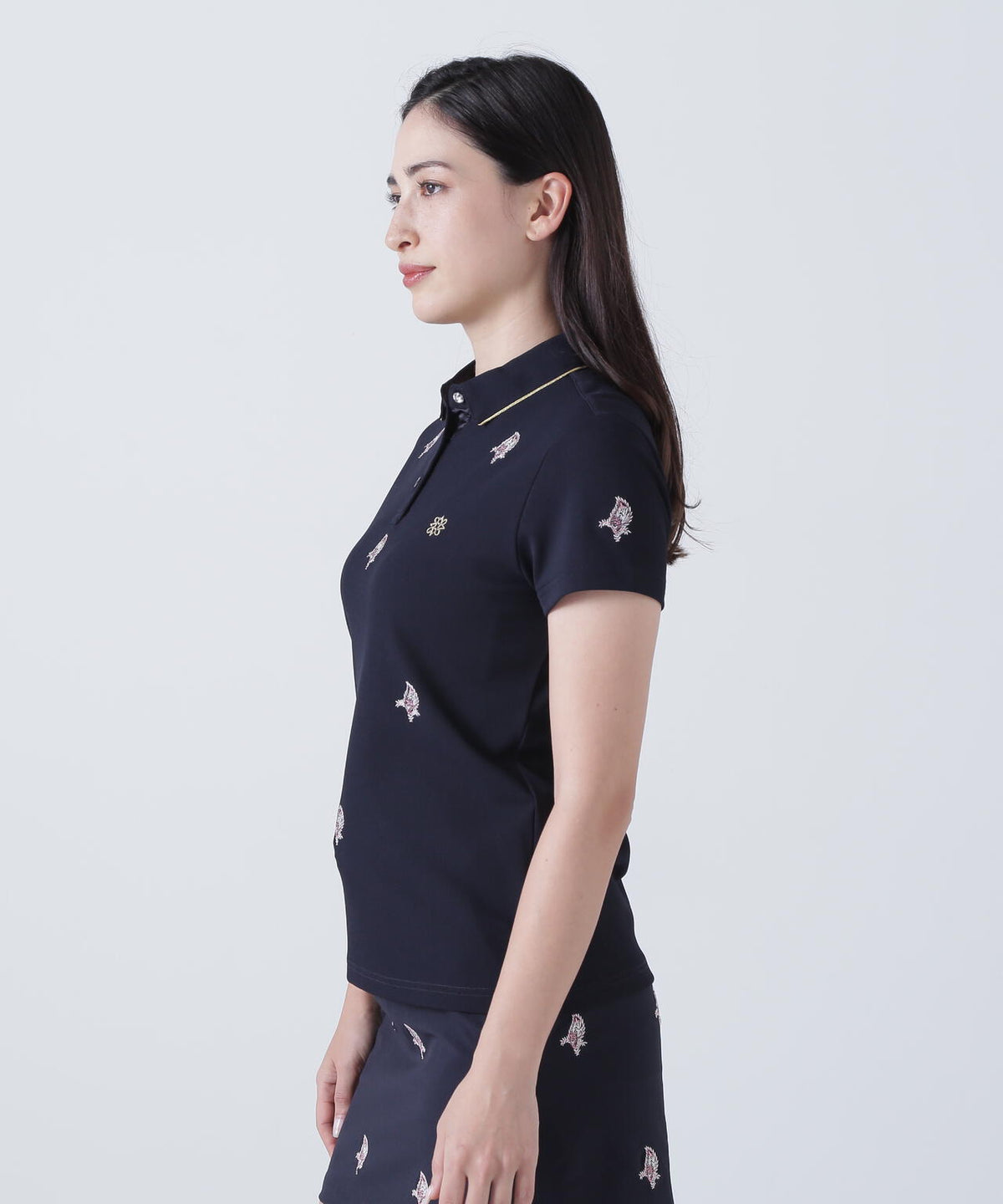 ポリエステル強撚鹿の子リーフ柄刺繍半袖シャツ (WOMENS)