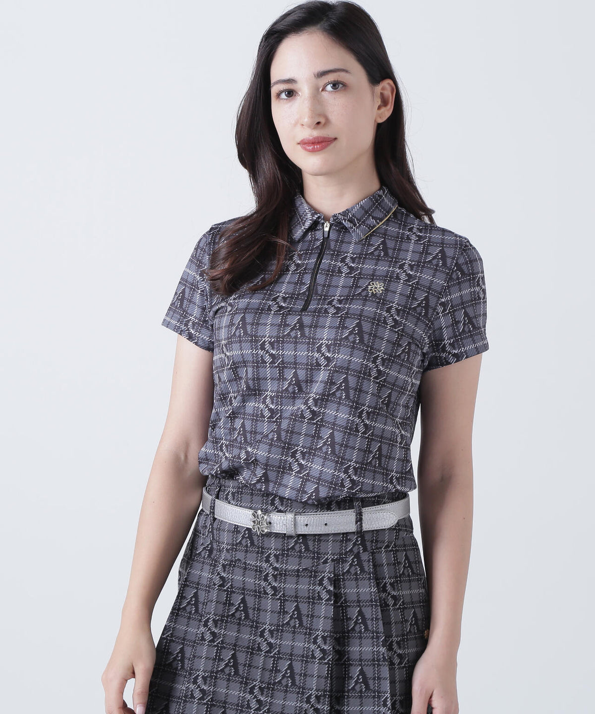 トリコットメッシュロゴチェックプリント半袖シャツ (WOMENS)