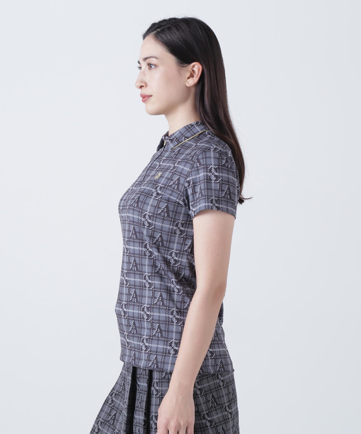 トリコットメッシュロゴチェックプリント半袖シャツ (WOMENS)