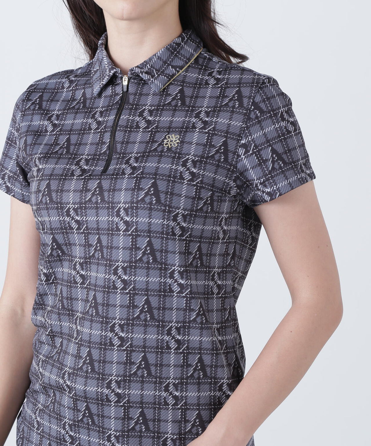 トリコットメッシュロゴチェックプリント半袖シャツ (WOMENS)