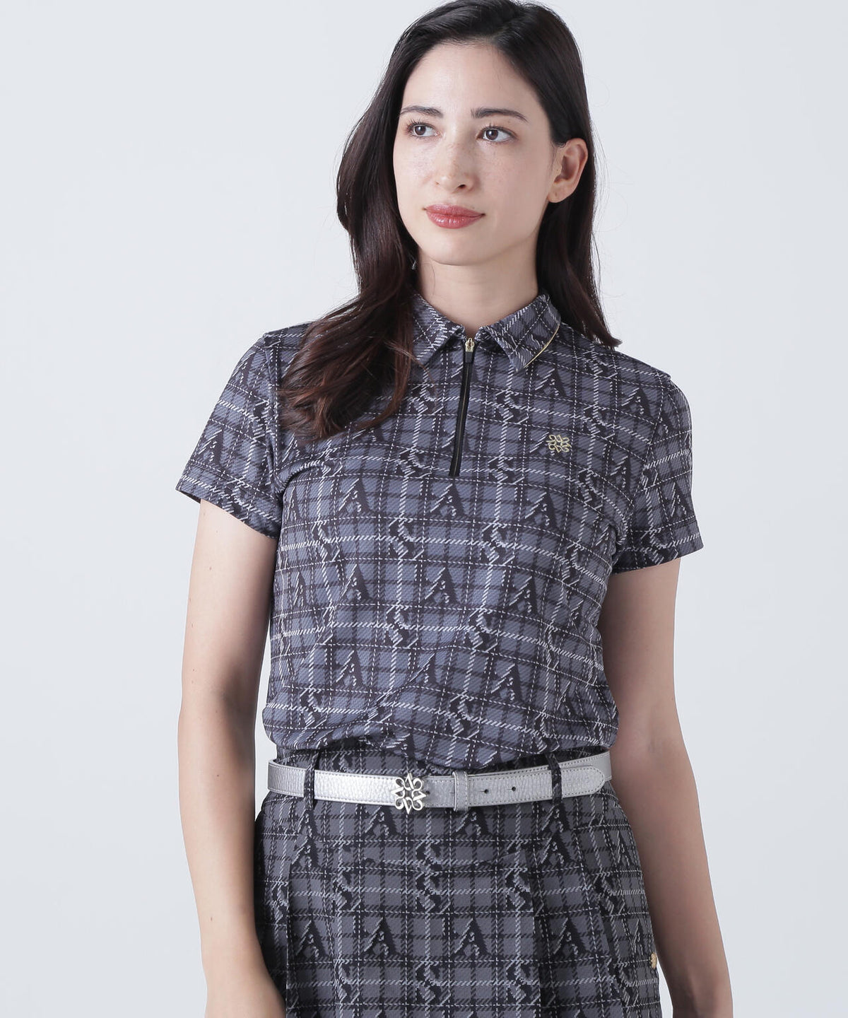 トリコットメッシュロゴチェックプリント半袖シャツ (WOMENS)