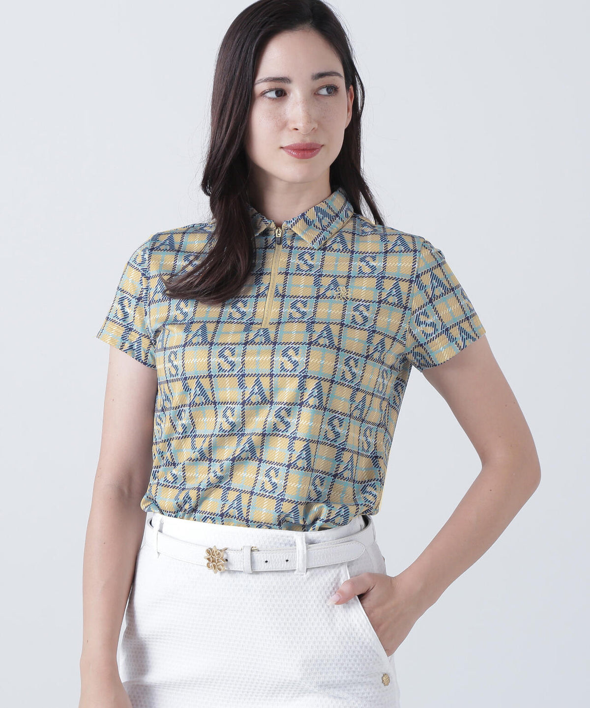 トリコットメッシュロゴチェックプリント半袖シャツ (WOMENS)