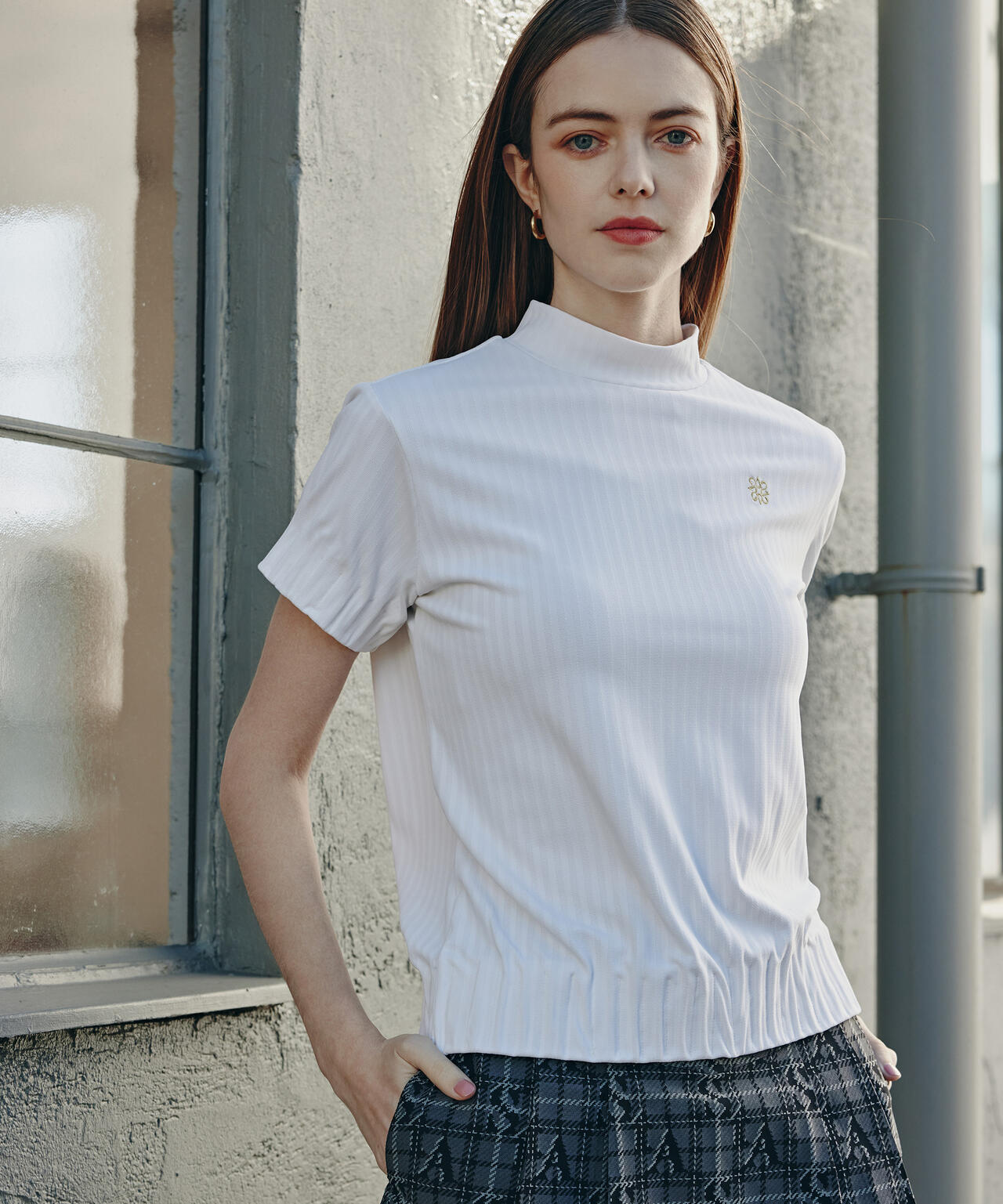 ベアサッカージャガード半袖ハイネックカットソー (WOMENS)