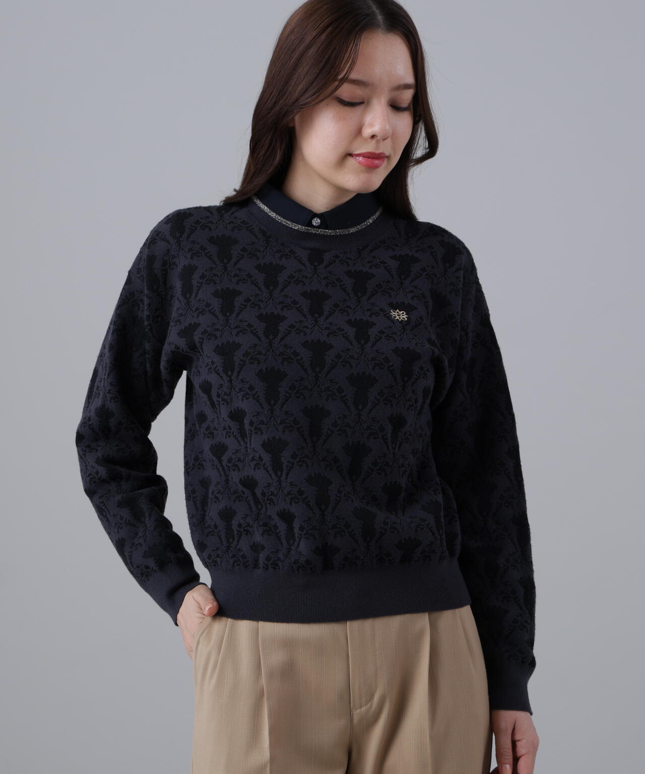 14Gアザミダマスクジャガードクルーネックニットプルオーバー (WOMENS)