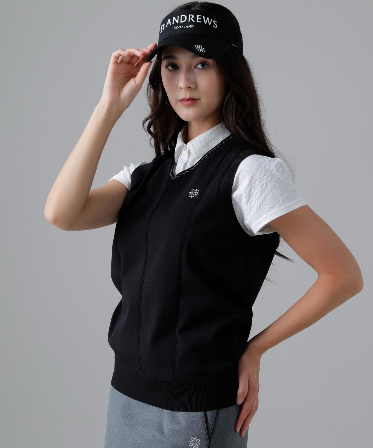 14G天竺×ケーブル Vネックニットベスト (WOMENS)