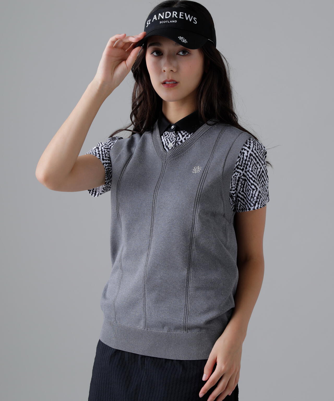 14G天竺×ケーブル Vネックニットベスト (WOMENS)