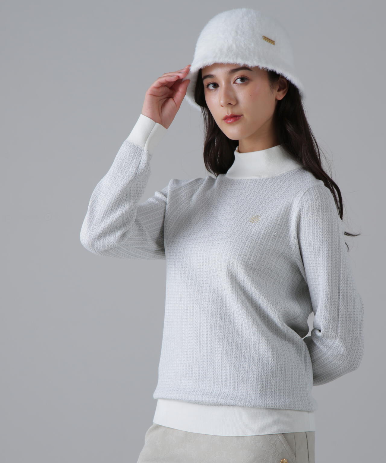 14Gトライアングルジャガードモックネックニットプルオーバー