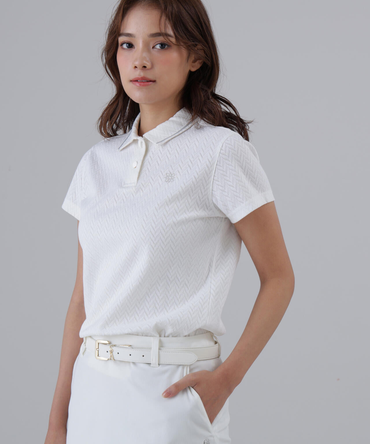 ヘリンボーンジャガード半袖ポロシャツ (WOMENS)