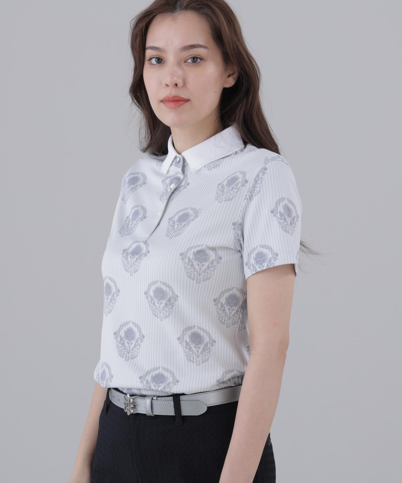 ロンドンストライプアザミジャガード半袖ポロシャツ (WOMENS)