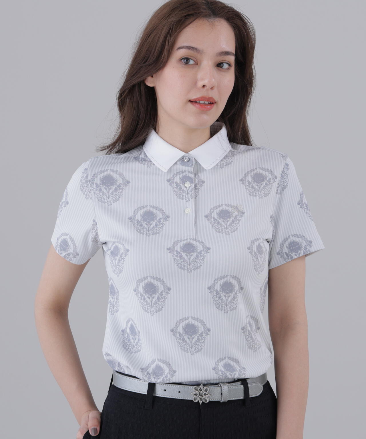 ロンドンストライプアザミジャガード半袖ポロシャツ (WOMENS)