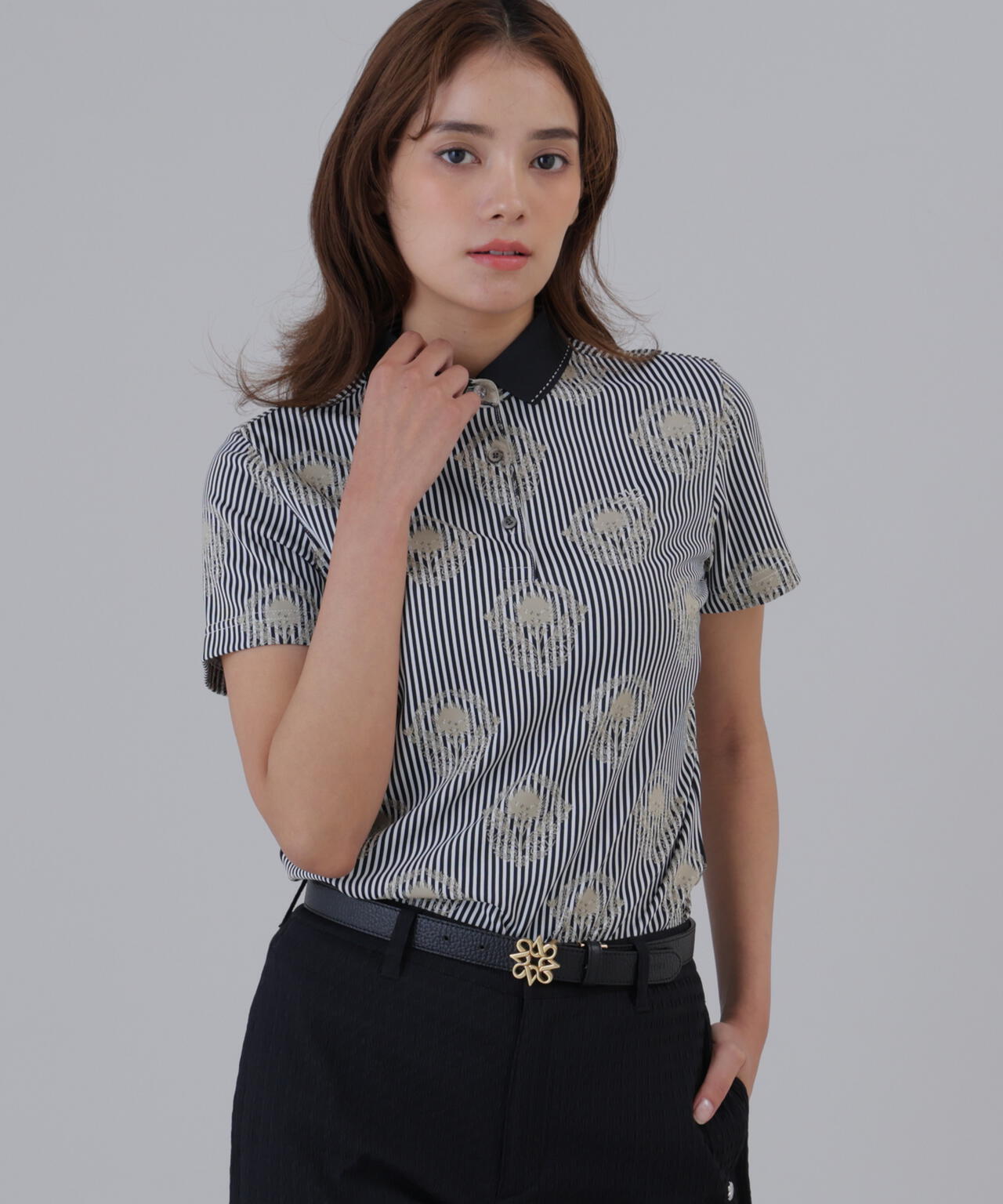 ロンドンストライプアザミジャガード半袖ポロシャツ (WOMENS)