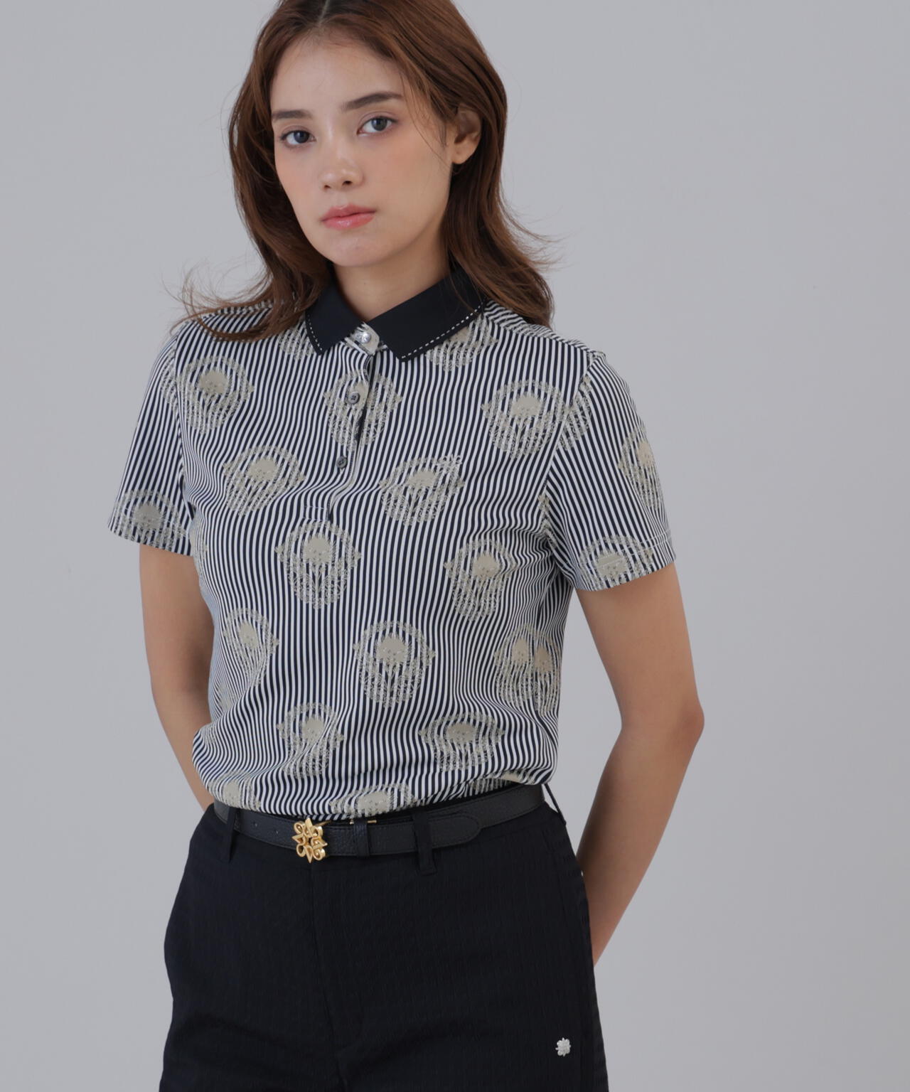 ロンドンストライプアザミジャガード半袖ポロシャツ (WOMENS)
