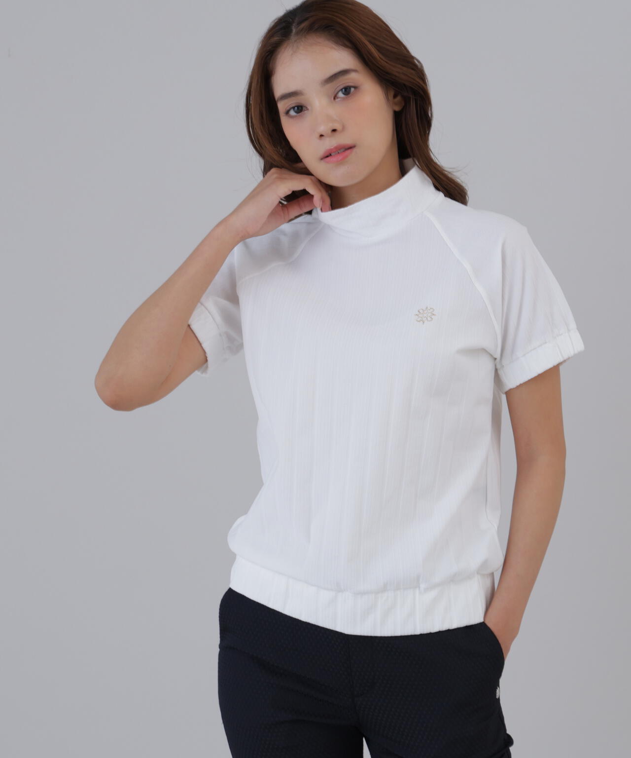 【吸水速乾】サッカーストライプ半袖ハイネックカットソー (WOMENS)