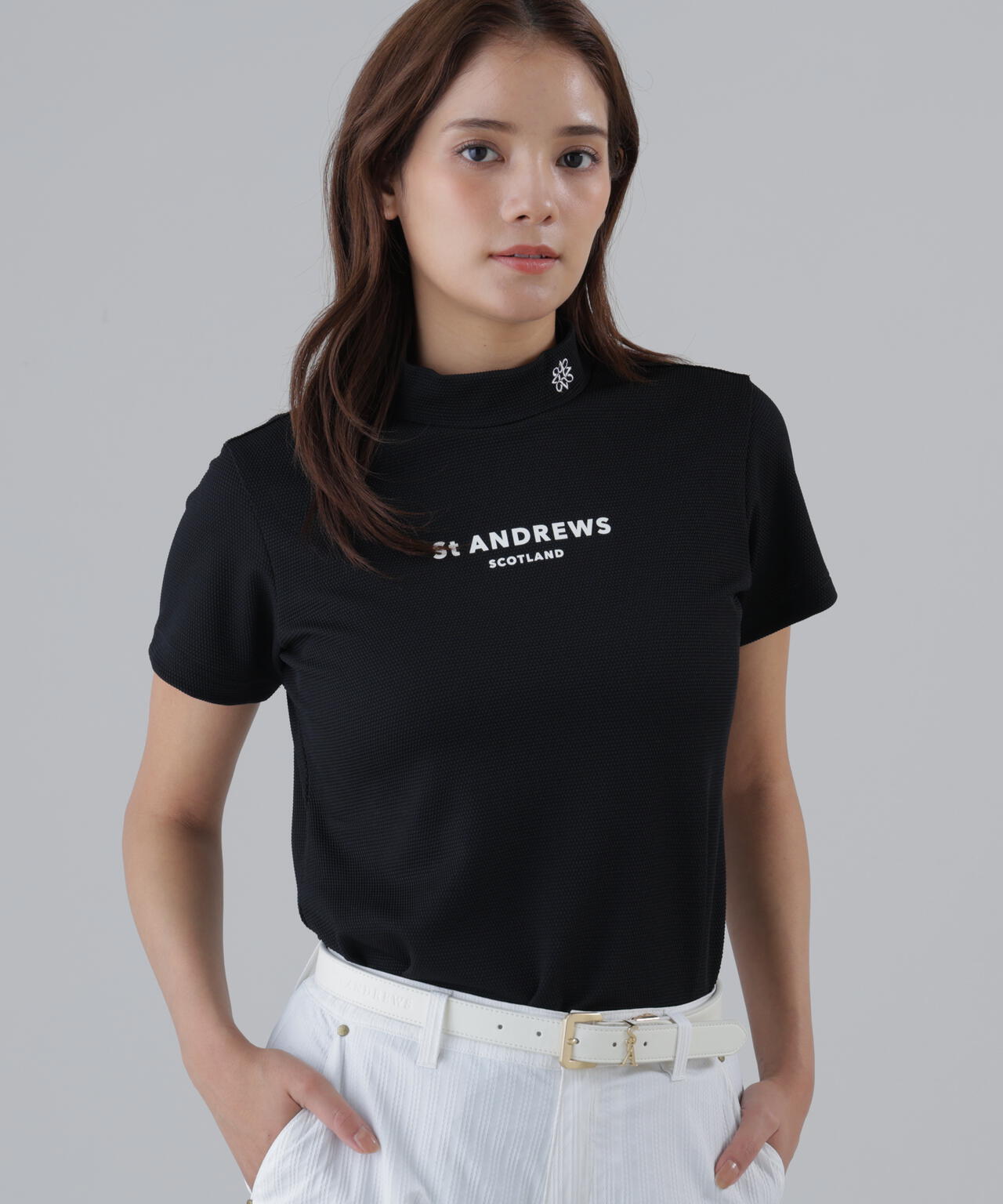 【吸水速乾】ポップコーンジャージUV半袖ハイネックカットソーシャツ (WOMENS)
