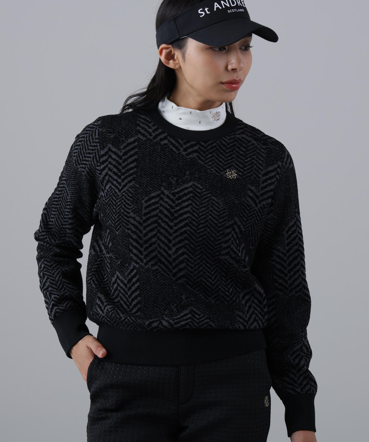 12Gヘリンボーンジャガード裏地付きクルーネックニットプルオーバー (WOMENS)