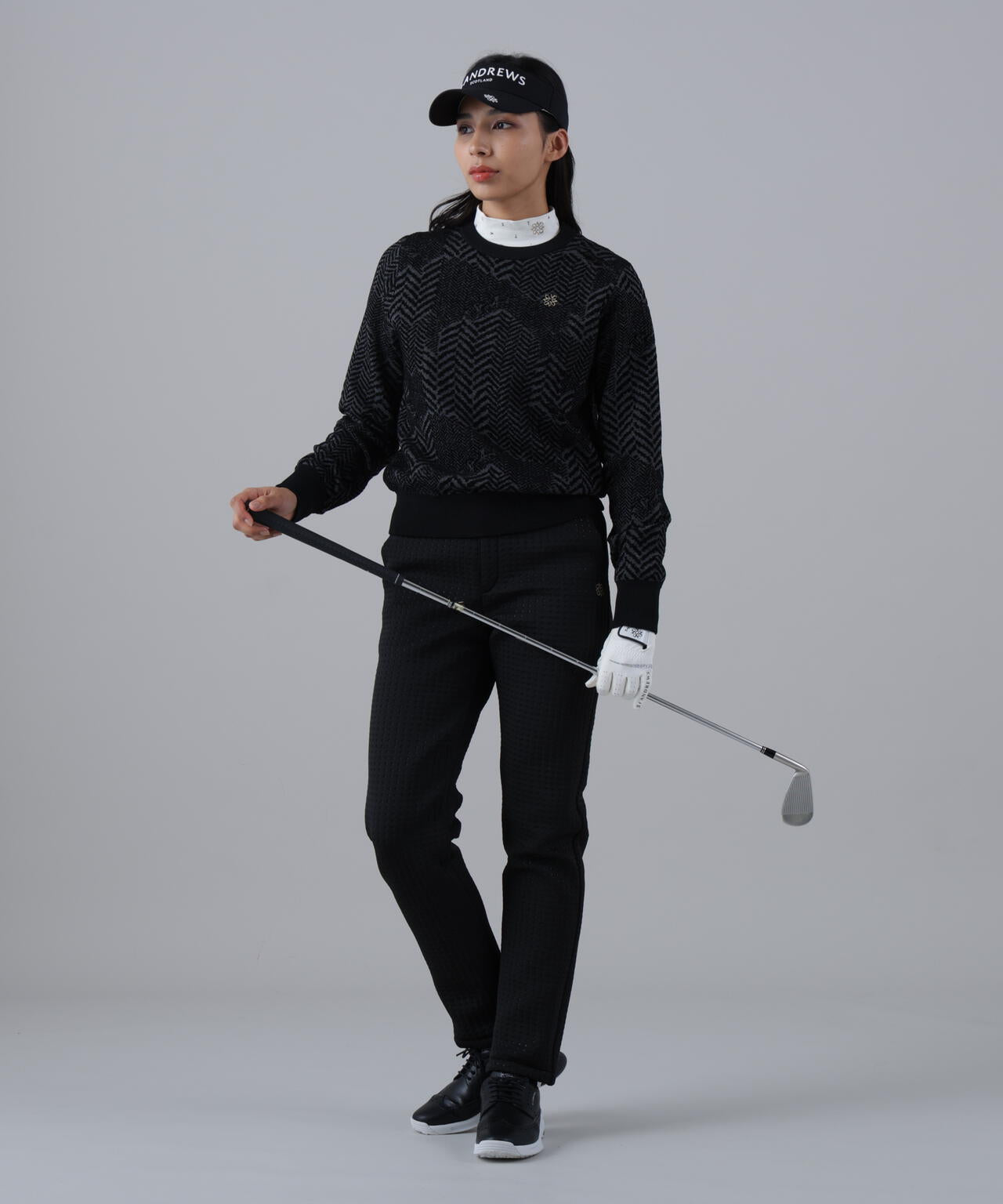 12Gヘリンボーンジャガード裏地付きクルーネックニットプルオーバー (WOMENS)