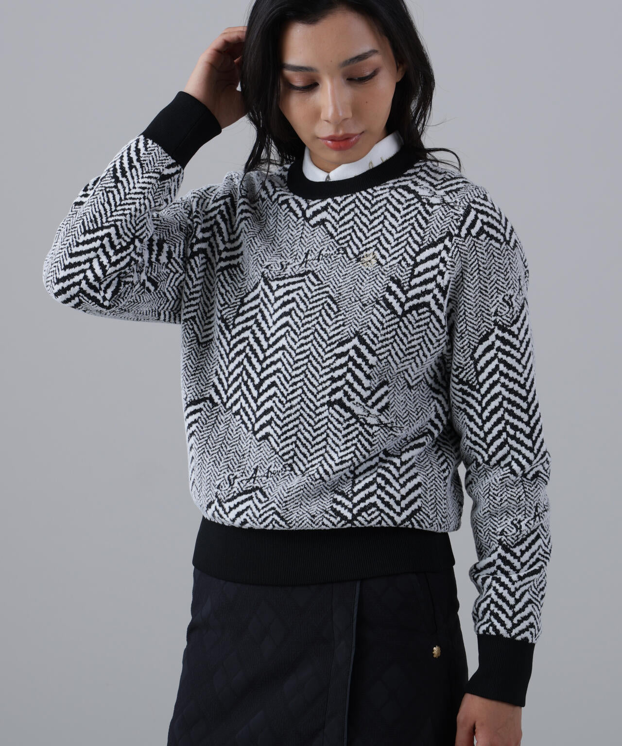 12Gヘリンボーンジャガード裏地付きクルーネックニットプルオーバー (WOMENS)