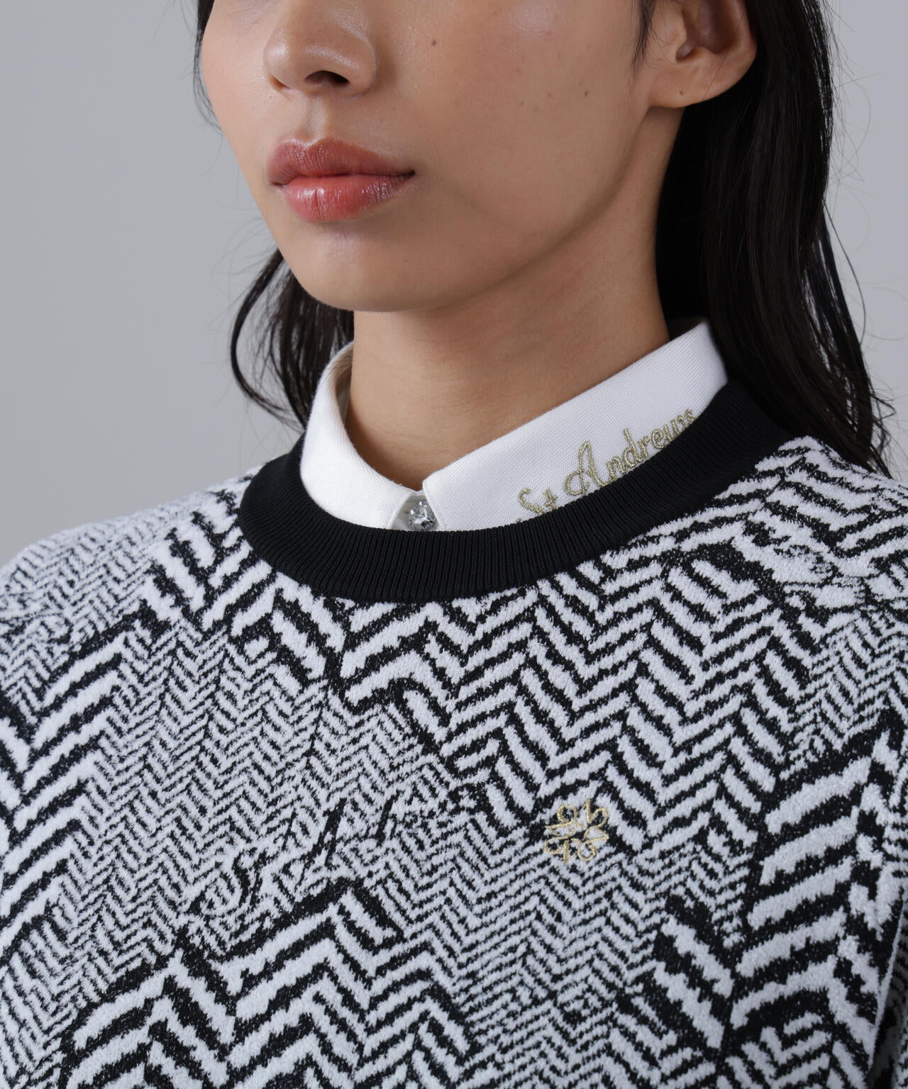 12Gヘリンボーンジャガード裏地付きクルーネックニットプルオーバー (WOMENS)