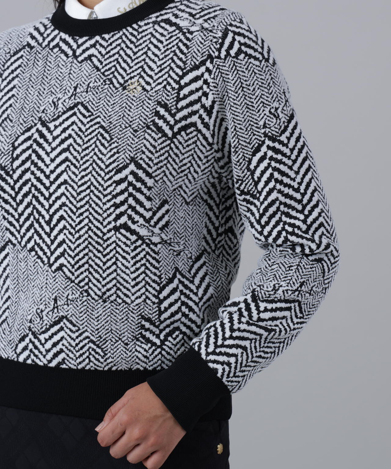 12Gヘリンボーンジャガード裏地付きクルーネックニットプルオーバー (WOMENS)