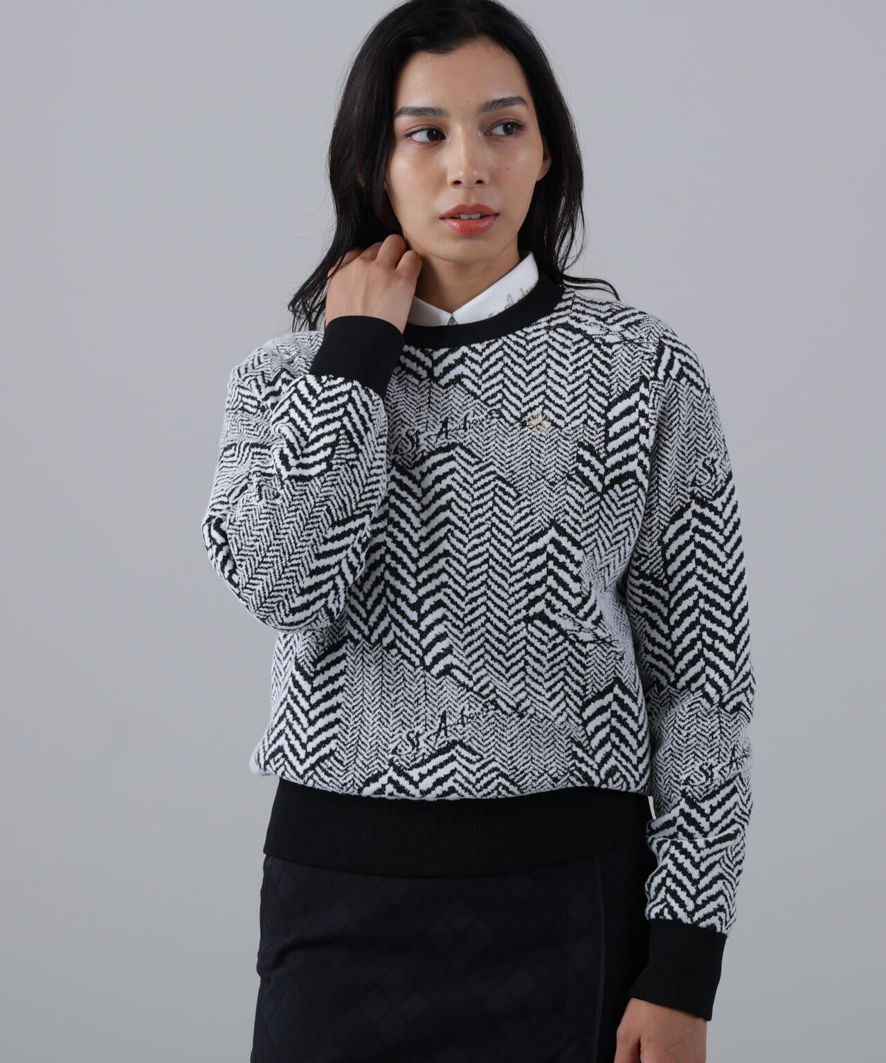 12Gヘリンボーンジャガード裏地付きクルーネックニットプルオーバー (WOMENS)