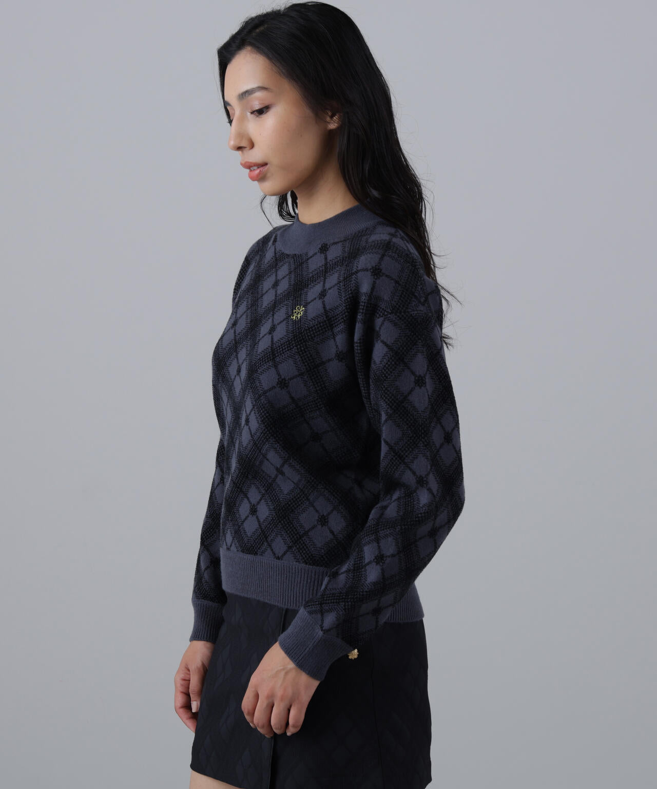 12Gケルトバイヤスチェックジャガードモックネックニットプルオーバー (WOMENS)