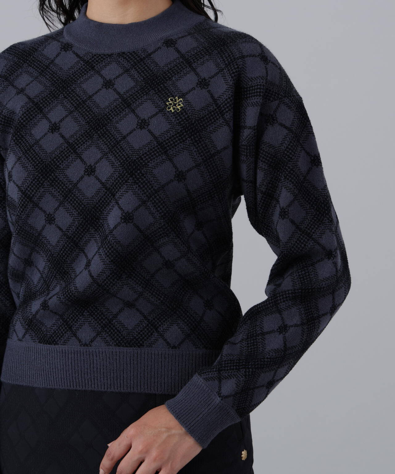 12Gケルトバイヤスチェックジャガードモックネックニットプルオーバー (WOMENS)