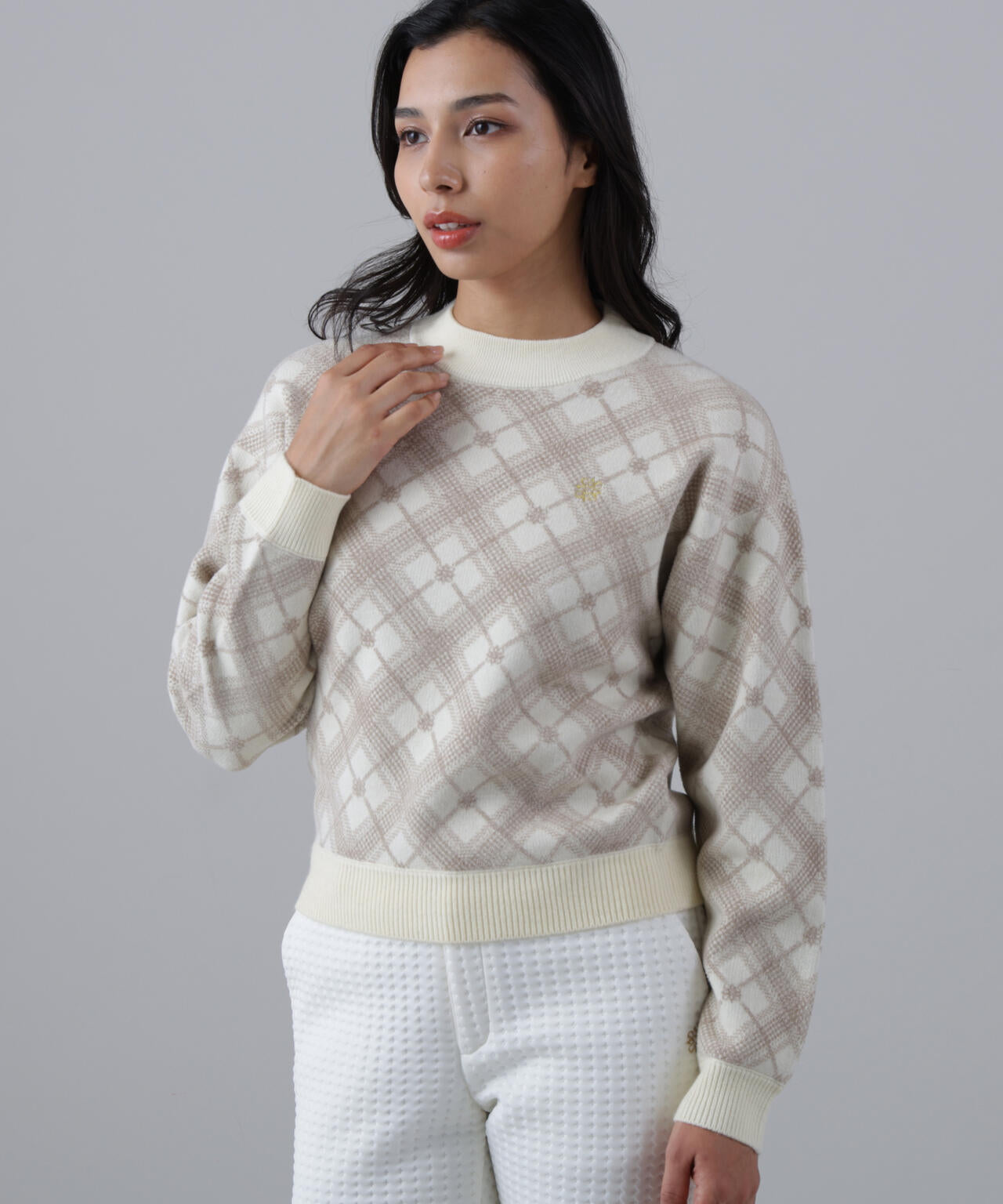 12Gケルトバイヤスチェックジャガードモックネックニットプルオーバー (WOMENS)