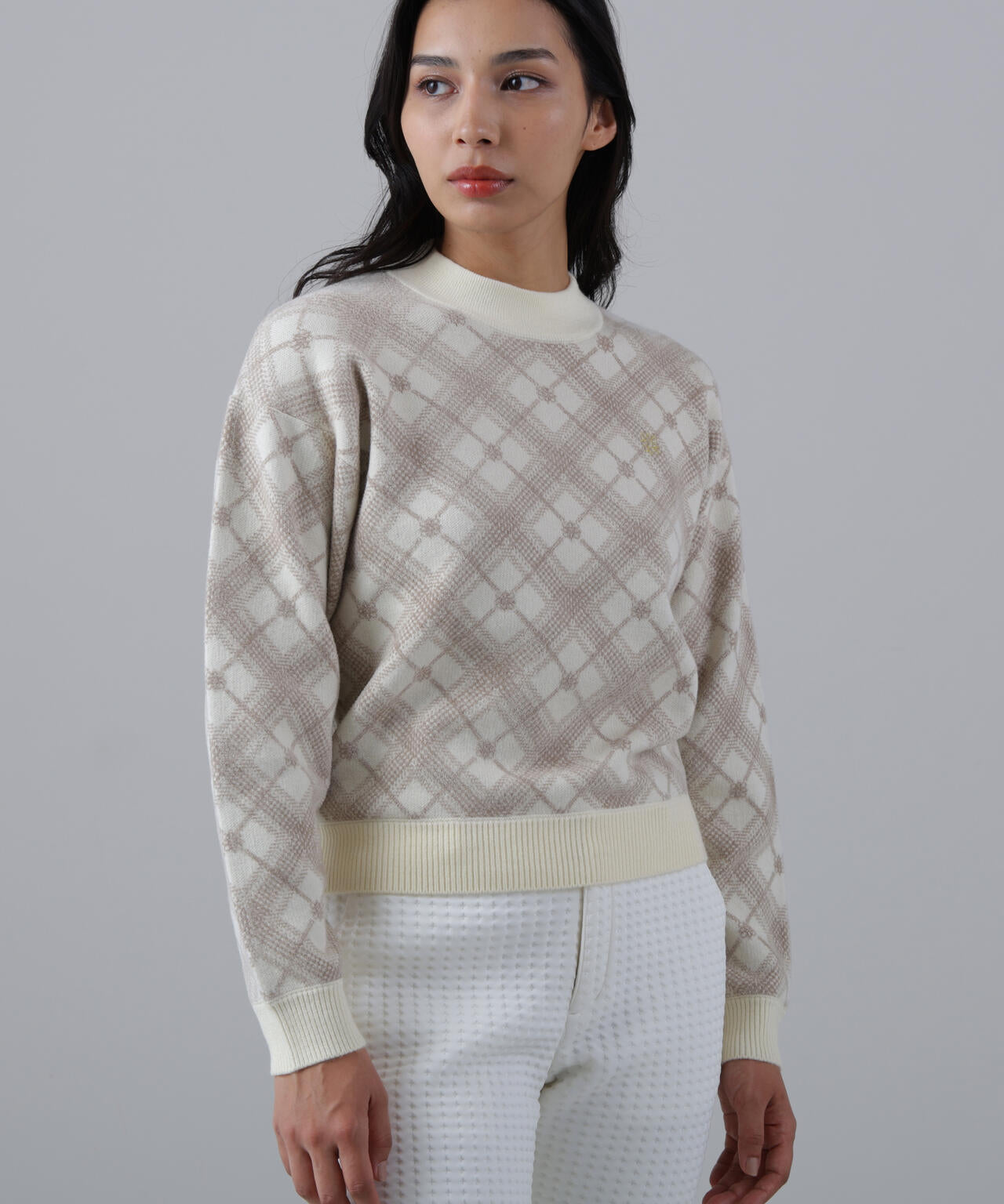 12Gケルトバイヤスチェックジャガードモックネックニットプルオーバー (WOMENS)