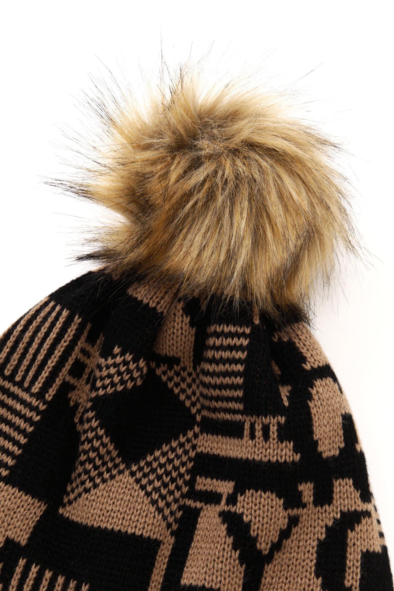 チェック×ロゴ柄 梵天付き ケーブルニットワッチ <CHECKシリーズ> (UNISEX)