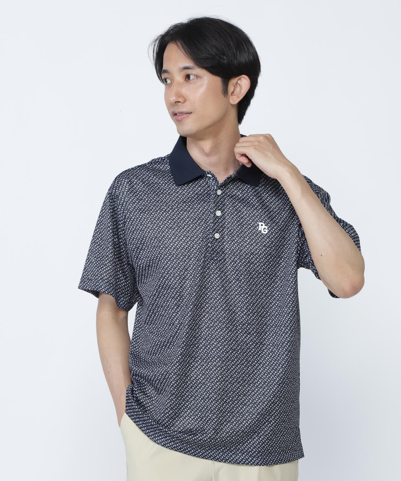 KAZEメッシュ半袖ポロシャツ <ロゴバイヤスボーダー柄><Relaxシリーズ>