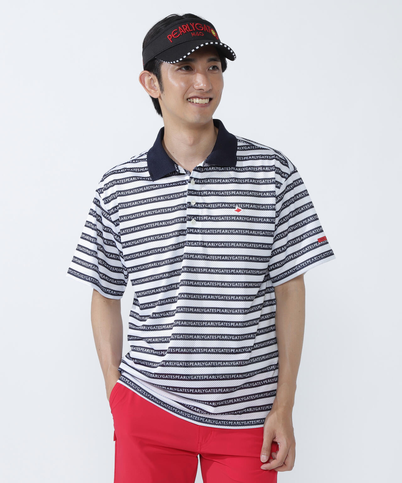 KAZEメッシュ半袖ポロシャツ <ロゴボーダー柄>