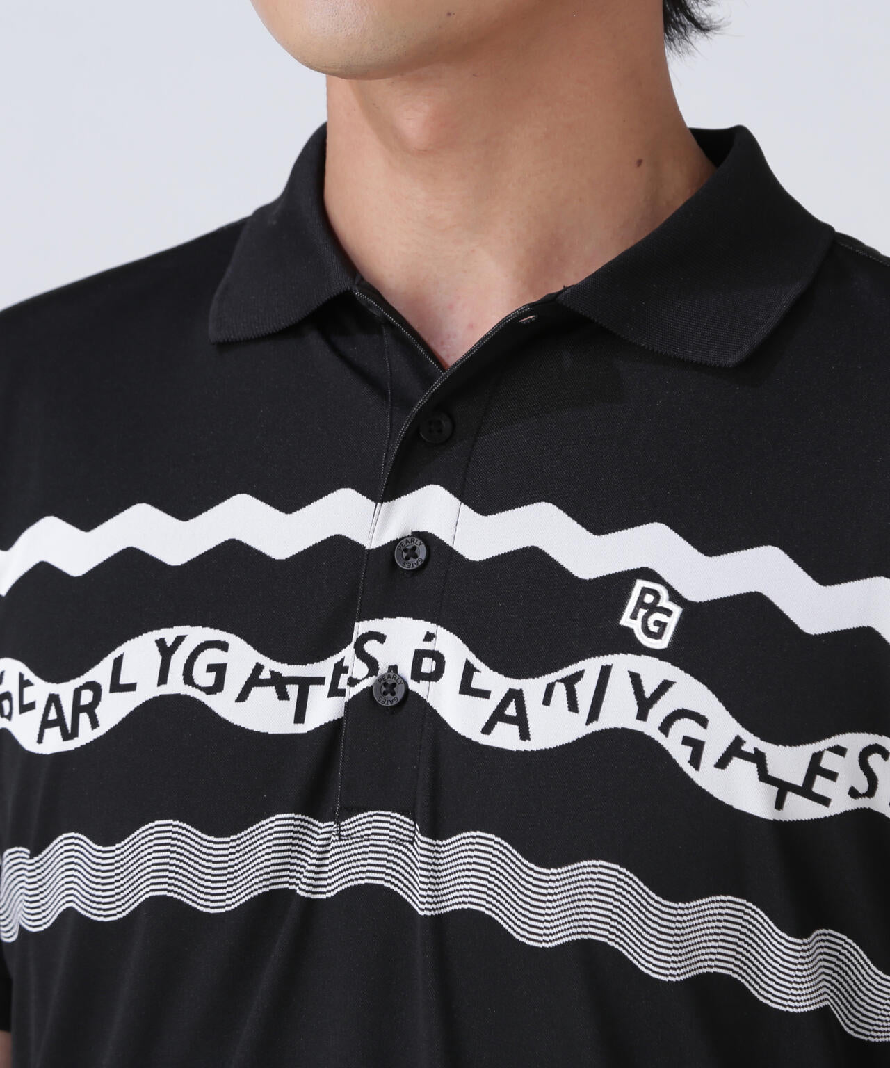 36Gパネルジャガード半袖ポロシャツ <ウェーブロゴボーダー柄>