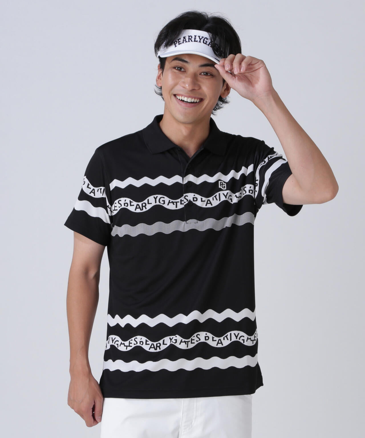 36Gパネルジャガード半袖ポロシャツ <ウェーブロゴボーダー柄>